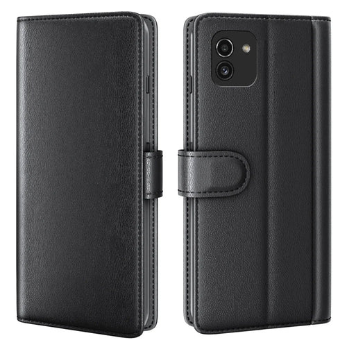 For Samsung Galaxy A03 (166.5mm) Genuine Split Leather Flip Case Stand Wallet Shockproof Full Protection Magnetic Cover - Black - 1