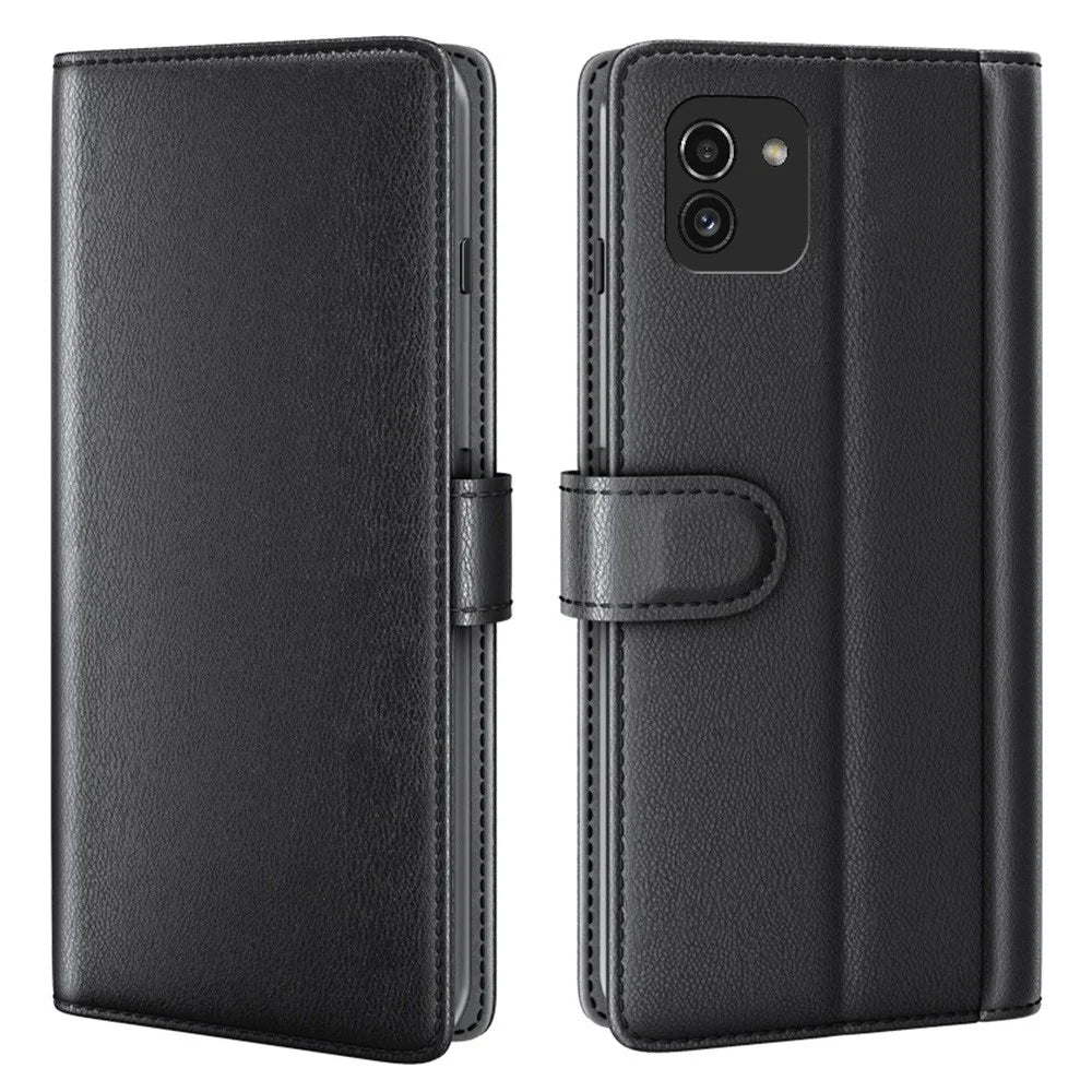 For Samsung Galaxy A03 (166.5mm) Genuine Split Leather Flip Case Stand Wallet Shockproof Full Protection Magnetic Cover - Black - 1