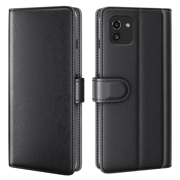 For Samsung Galaxy A03 (166.5mm) Genuine Split Leather Flip Case Stand Wallet Shockproof Full Protection Magnetic Cover - Black - 1