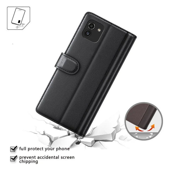 For Samsung Galaxy A03 (166.5mm) Genuine Split Leather Flip Case Stand Wallet Shockproof Full Protection Magnetic Cover - Black - 6