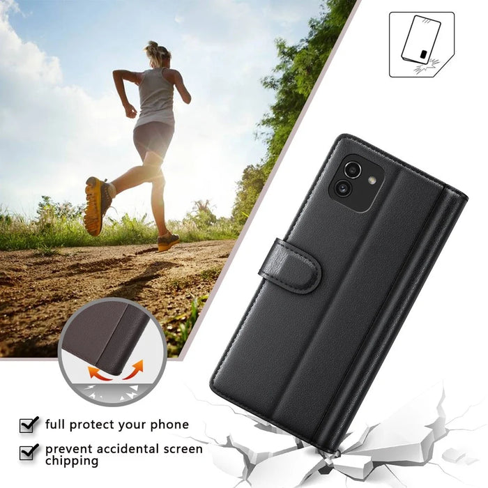 For Samsung Galaxy A03 (166.5mm) Genuine Split Leather Flip Case Stand Wallet Shockproof Full Protection Magnetic Cover - Black - 7