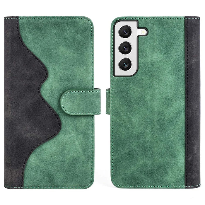 For Samsung Galaxy S22 5G Color Splicing Design Phone Cover Bump Proof PU Leather Stand Wallet Case Shell - Green - 1