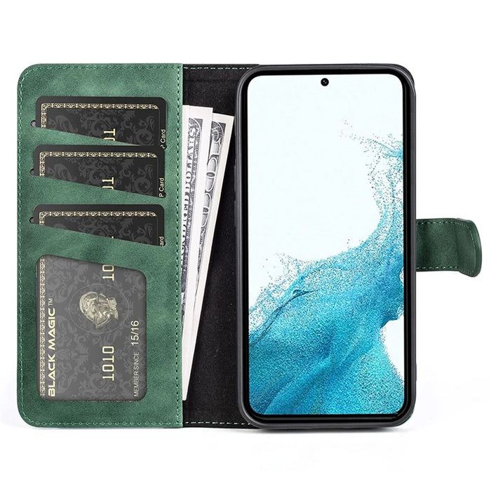 For Samsung Galaxy S22 5G Color Splicing Design Phone Cover Bump Proof PU Leather Stand Wallet Case Shell - Green - 2