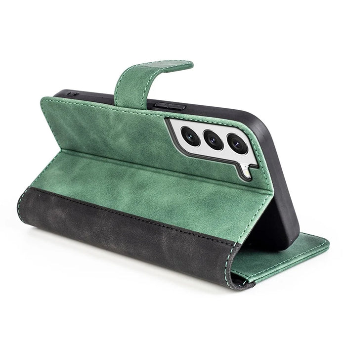 For Samsung Galaxy S22 5G Color Splicing Design Phone Cover Bump Proof PU Leather Stand Wallet Case Shell - Green - 3
