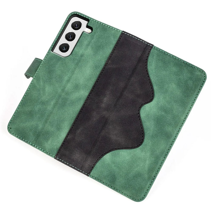 For Samsung Galaxy S22 5G Color Splicing Design Phone Cover Bump Proof PU Leather Stand Wallet Case Shell - Green - 4