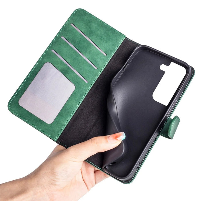 For Samsung Galaxy S22 5G Color Splicing Design Phone Cover Bump Proof PU Leather Stand Wallet Case Shell - Green - 5