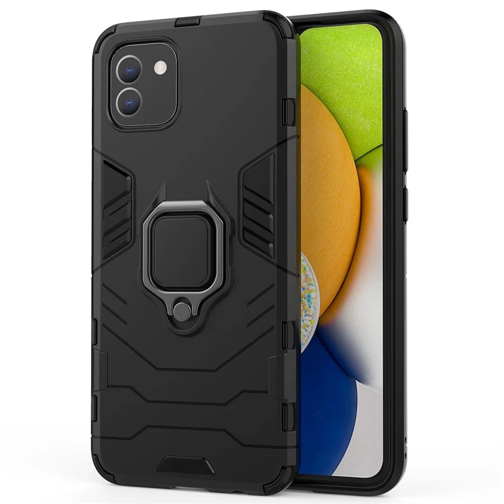 For Samsung Galaxy A03 (166.5mm) TPU+PC Shockproof Protection Case Military Grade Armor Ring Holder Back Cover - Black - 1