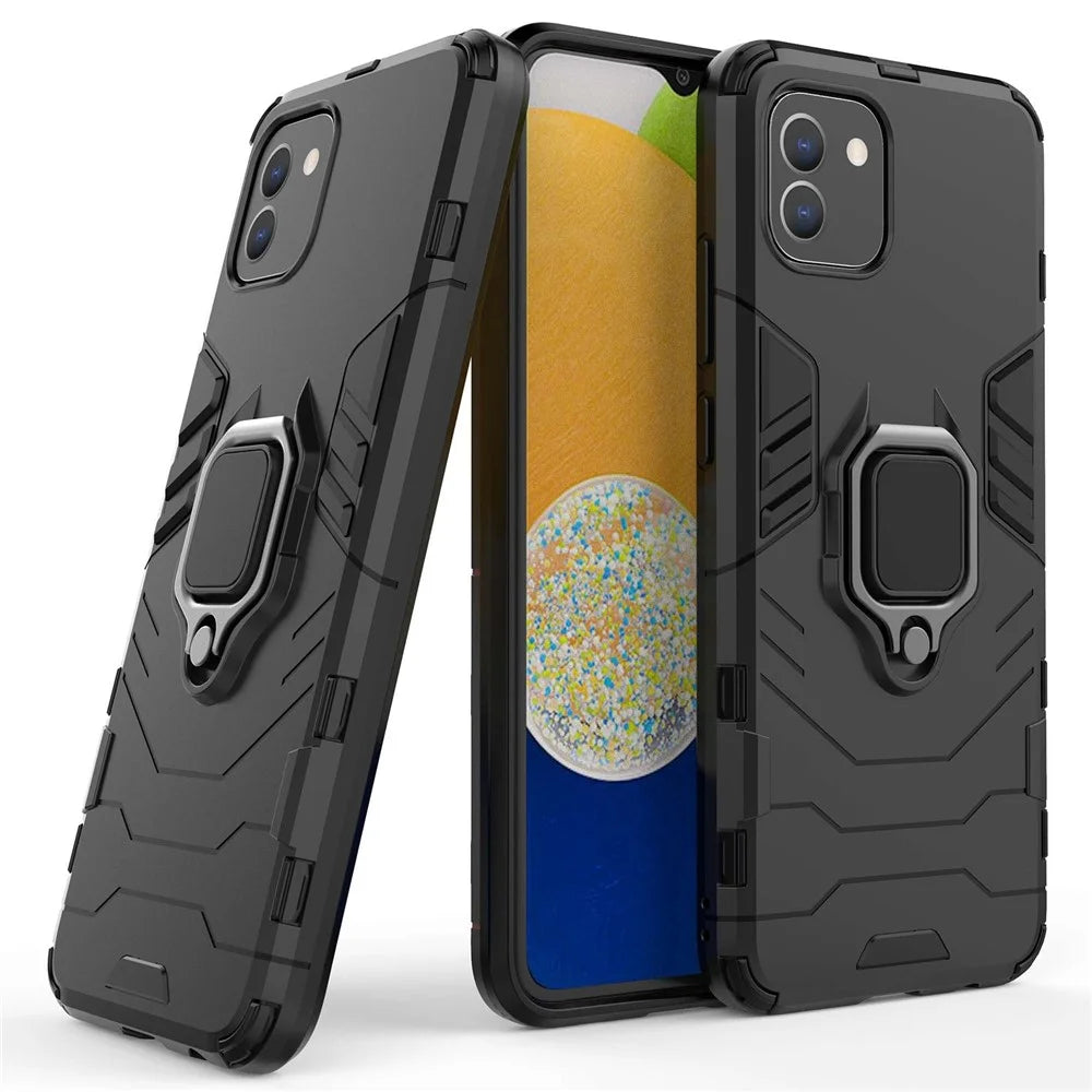 For Samsung Galaxy A03 (166.5mm) TPU+PC Shockproof Protection Case Military Grade Armor Ring Holder Back Cover - Black - 2
