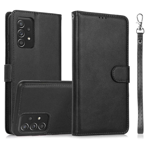 For Samsung Galaxy A32 5G/M32 5G Magnetic Detachable 2-in-1 PU Leather Case Stand Feature Wallet Shockproof Removable Phone Cover with Wrist Strap - Black - 1