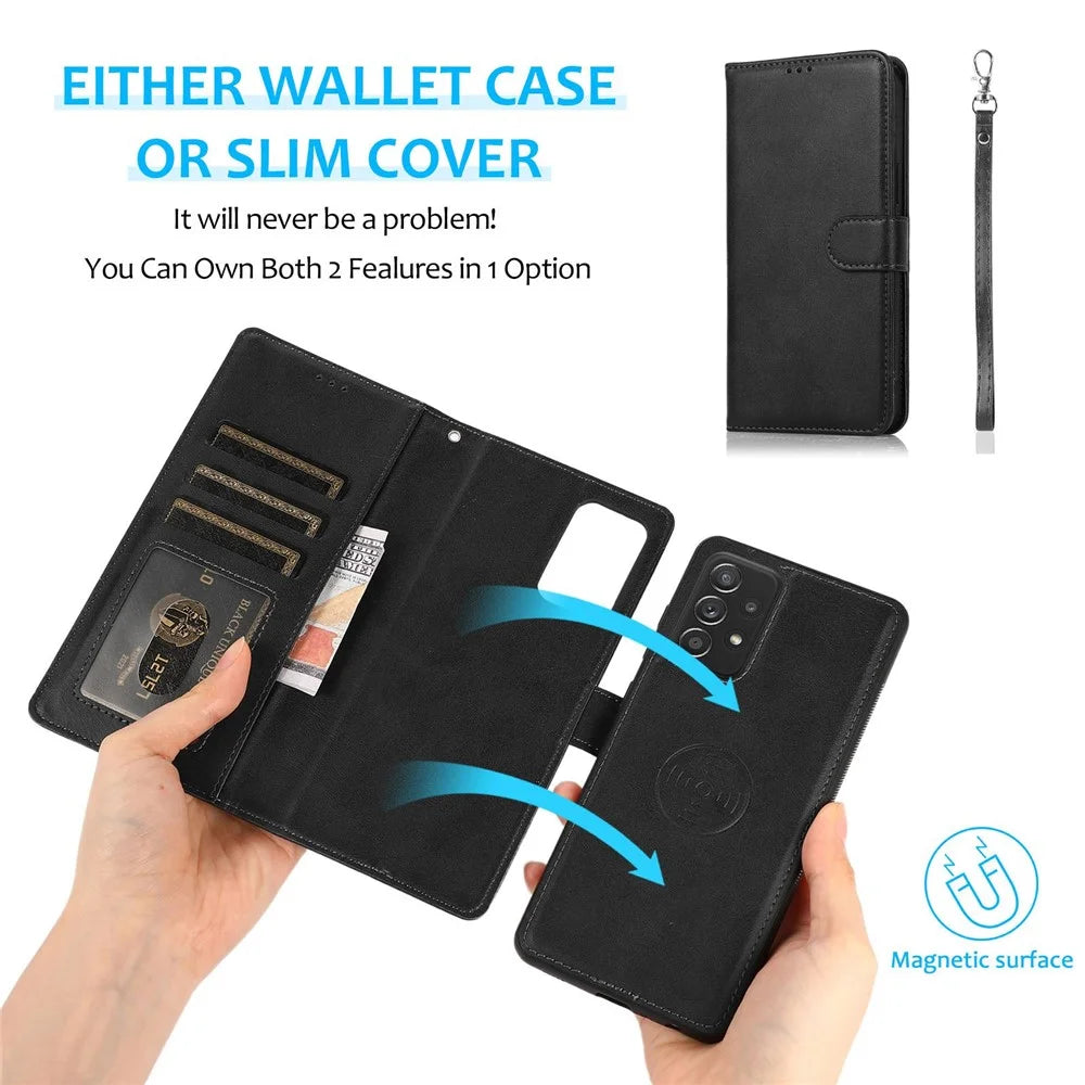 For Samsung Galaxy A32 5G/M32 5G Magnetic Detachable 2-in-1 PU Leather Case Stand Feature Wallet Shockproof Removable Phone Cover with Wrist Strap - Black - 2