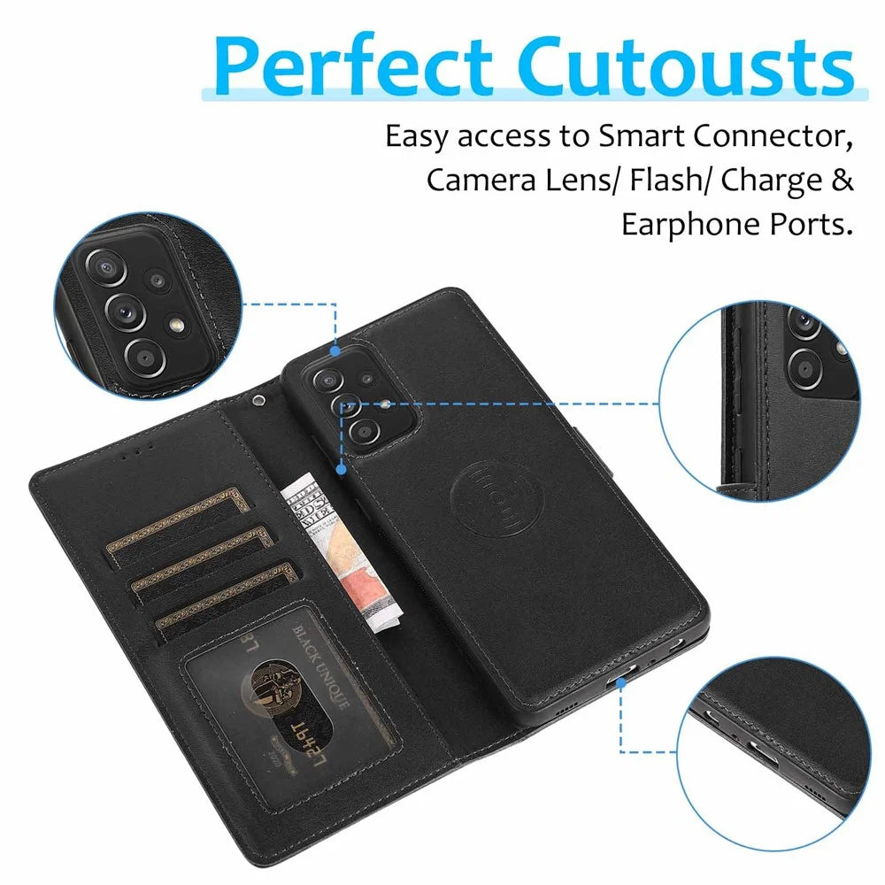 For Samsung Galaxy A32 5G/M32 5G Magnetic Detachable 2-in-1 PU Leather Case Stand Feature Wallet Shockproof Removable Phone Cover with Wrist Strap - Black - 4