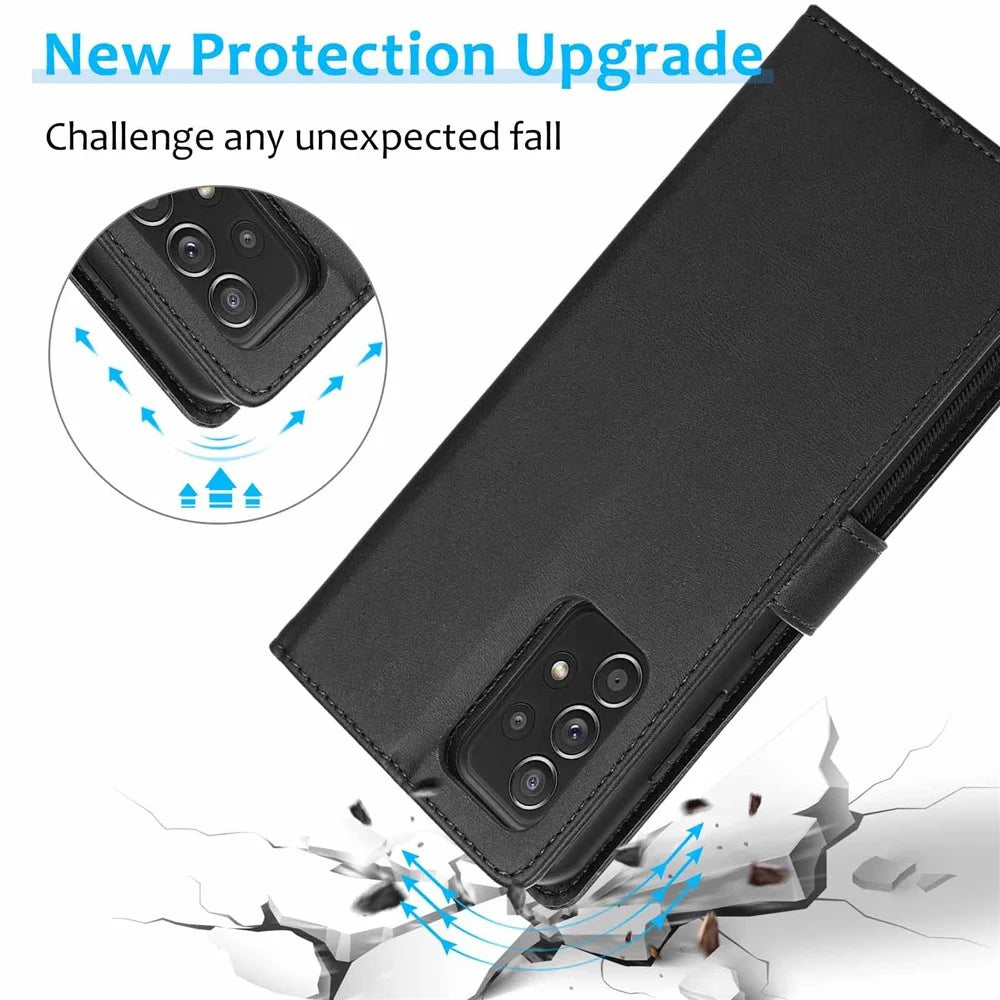 For Samsung Galaxy A32 5G/M32 5G Magnetic Detachable 2-in-1 PU Leather Case Stand Feature Wallet Shockproof Removable Phone Cover with Wrist Strap - Black - 5