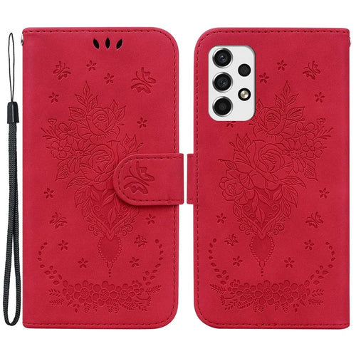 For Samsung Galaxy A33 5G Stand Wallet Flip Leather Case Imprinting Roses Butterflies Pattern Phone Cover - Red - 1