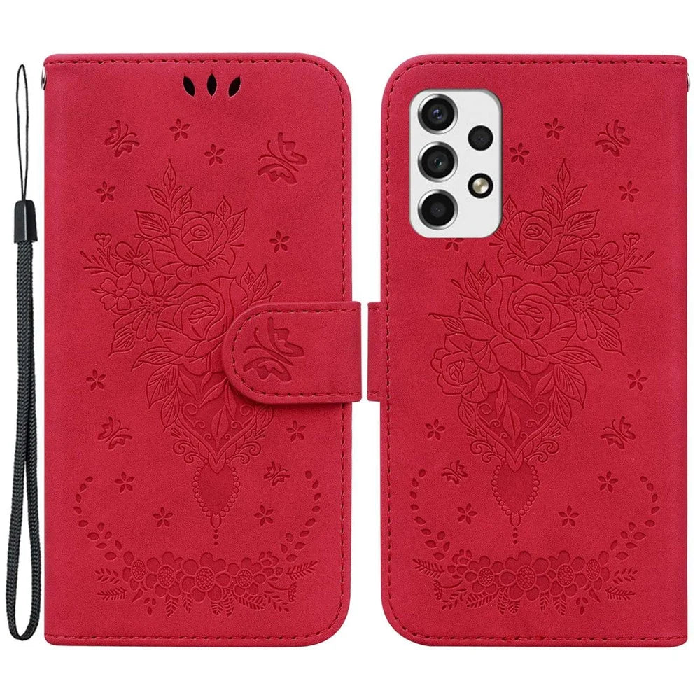 For Samsung Galaxy A33 5G Stand Wallet Flip Leather Case Imprinting Roses Butterflies Pattern Phone Cover - Red - 1