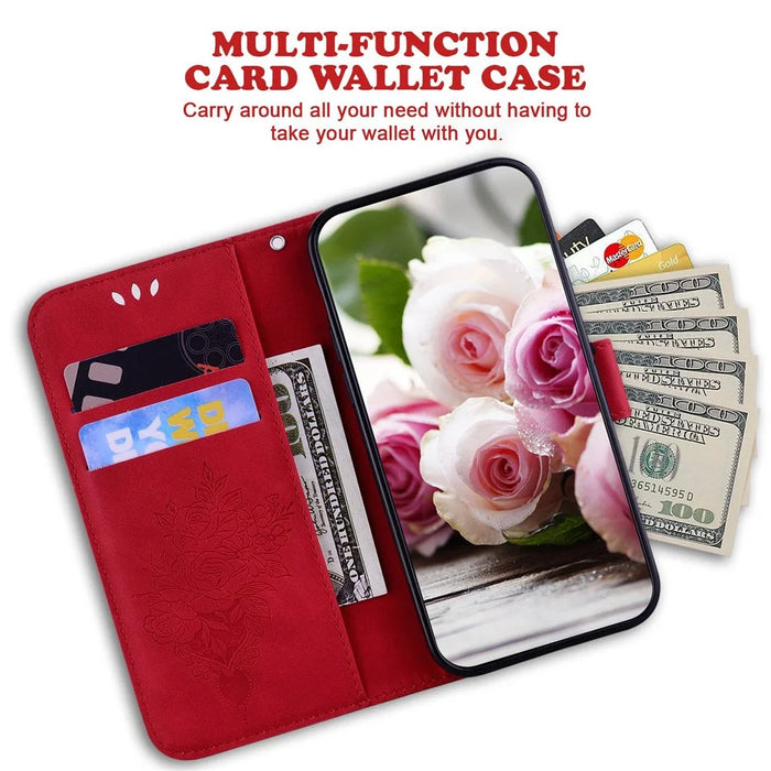 For Samsung Galaxy A33 5G Stand Wallet Flip Leather Case Imprinting Roses Butterflies Pattern Phone Cover - Red - 3