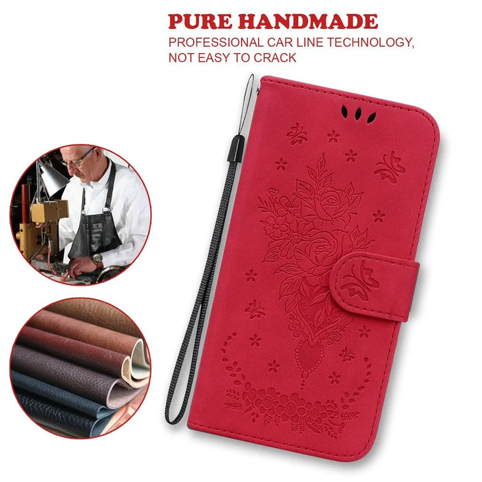 For Samsung Galaxy A33 5G Stand Wallet Flip Leather Case Imprinting Roses Butterflies Pattern Phone Cover - Red - 4
