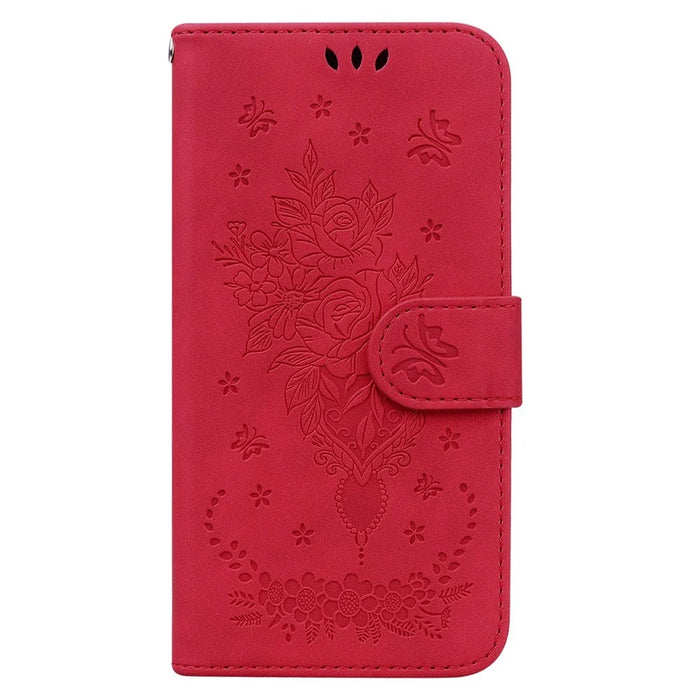 For Samsung Galaxy A33 5G Stand Wallet Flip Leather Case Imprinting Roses Butterflies Pattern Phone Cover - Red - 6