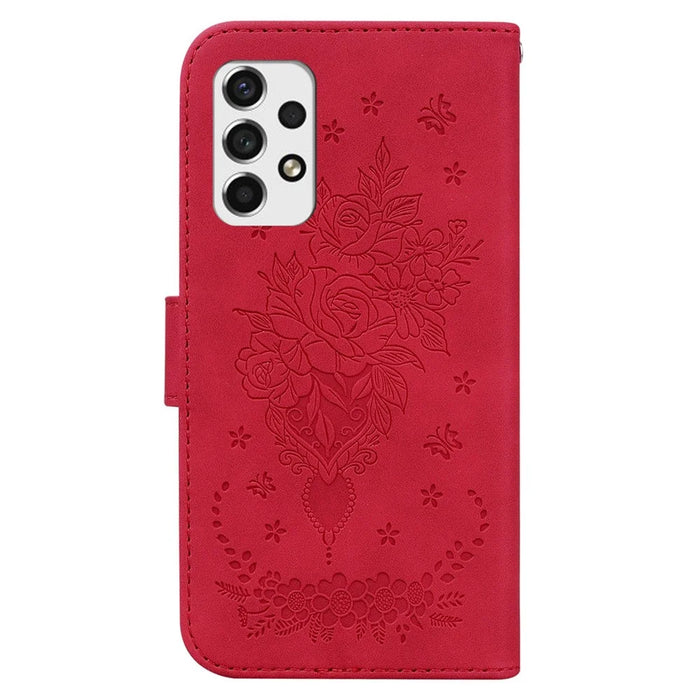 For Samsung Galaxy A33 5G Stand Wallet Flip Leather Case Imprinting Roses Butterflies Pattern Phone Cover - Red - 7