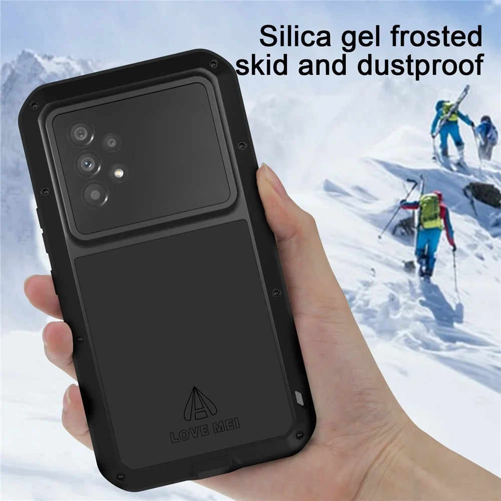 LOVE MEI Metal + Silicone Hybrid Case with Tempered Glass Film for Samsung Galaxy A53 5G Dust-proof Phone Cover - Black - 2