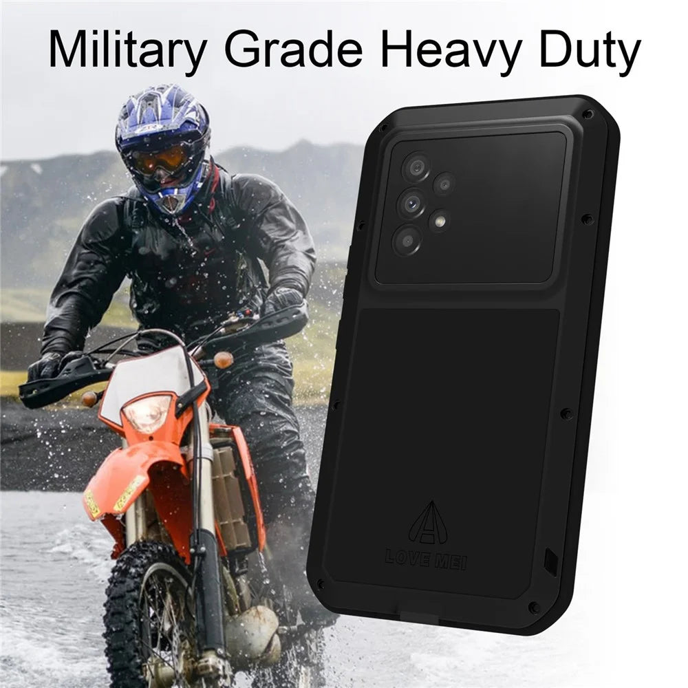 LOVE MEI Metal + Silicone Hybrid Case with Tempered Glass Film for Samsung Galaxy A53 5G Dust-proof Phone Cover - Black - 3
