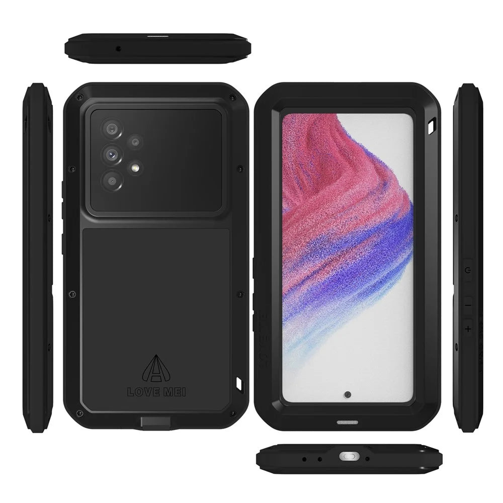 LOVE MEI Metal + Silicone Hybrid Case with Tempered Glass Film for Samsung Galaxy A53 5G Dust-proof Phone Cover - Black - 6