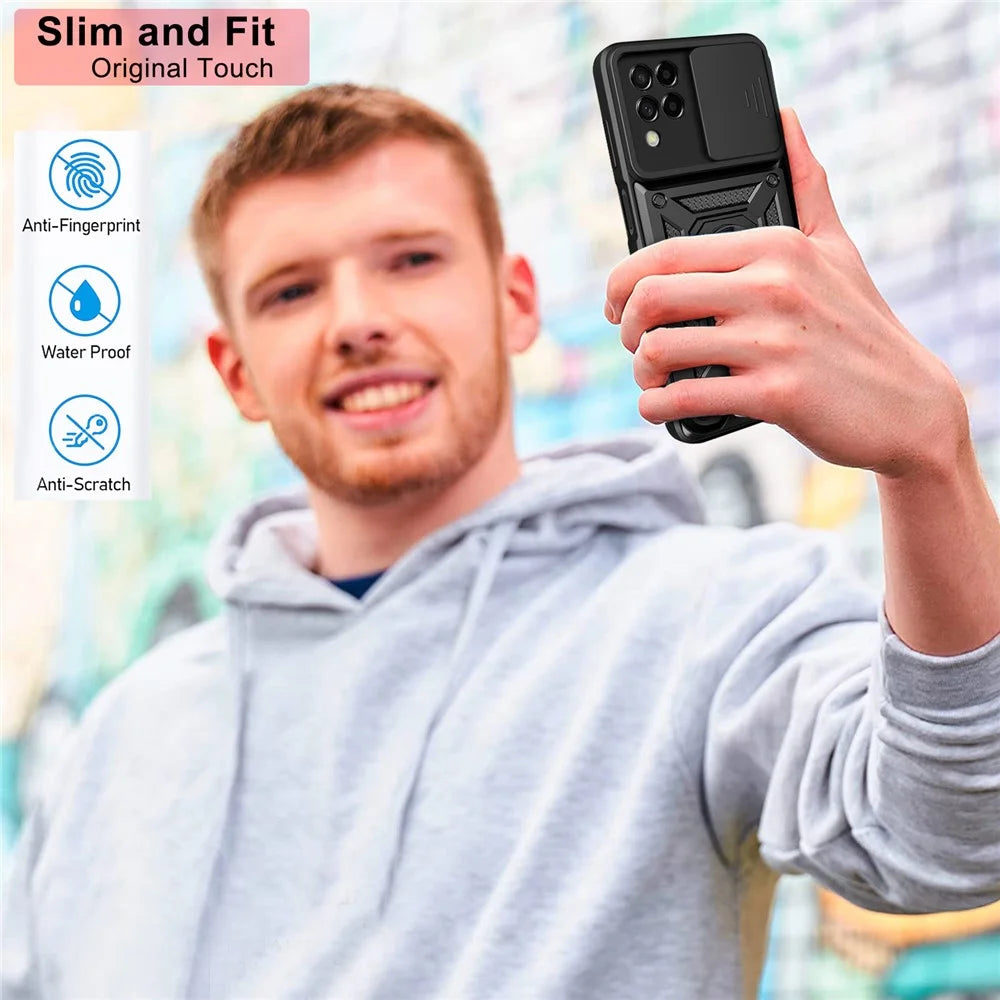 For Samsung Galaxy M53 5G Ring Kickstand Phone Case Soft TPU + Hard PC Hybrid Shockproof Protective Case with Camera Cover - Black - 3