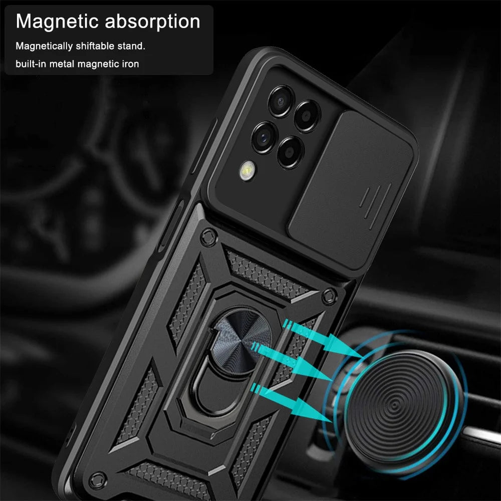 For Samsung Galaxy M53 5G Ring Kickstand Phone Case Soft TPU + Hard PC Hybrid Shockproof Protective Case with Camera Cover - Black - 5