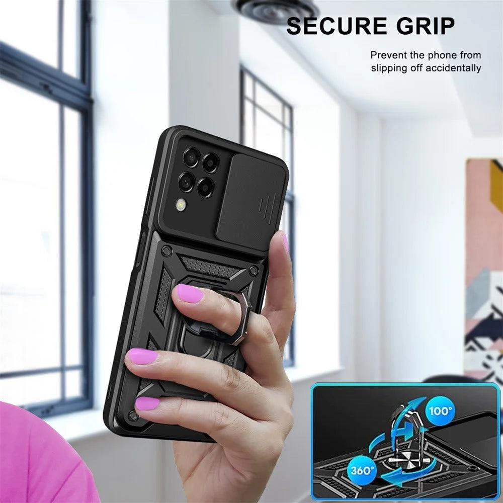For Samsung Galaxy M53 5G Ring Kickstand Phone Case Soft TPU + Hard PC Hybrid Shockproof Protective Case with Camera Cover - Black - 7