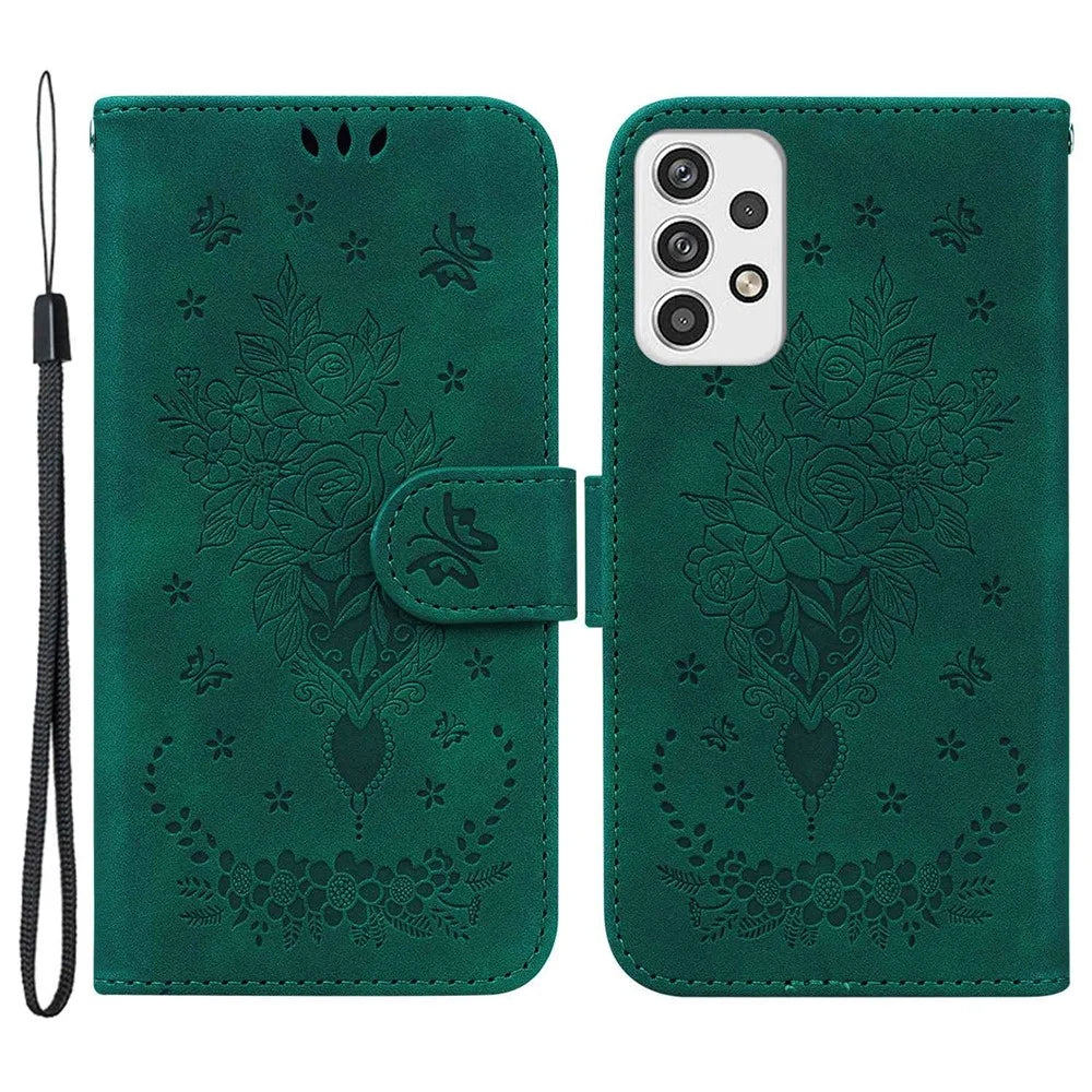 For Samsung Galaxy A23 5G (Global Version) / 4G Anti-drop Phone Cover Imprinting Roses Butterflies Pattern Leather Case Impact-resistant Wallet Stand - Green - 1