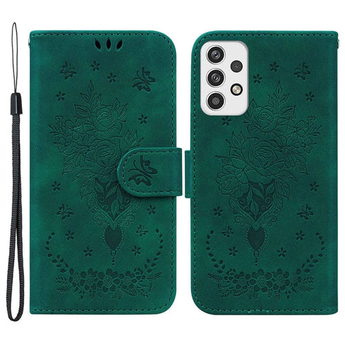 For Samsung Galaxy A23 5G (Global Version) / 4G Anti-drop Phone Cover Imprinting Roses Butterflies Pattern Leather Case Impact-resistant Wallet Stand - Green - 1