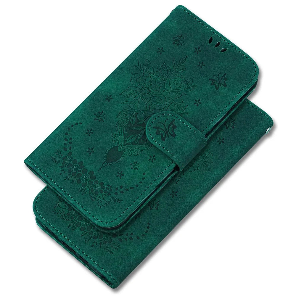 For Samsung Galaxy A23 5G (Global Version) / 4G Anti-drop Phone Cover Imprinting Roses Butterflies Pattern Leather Case Impact-resistant Wallet Stand - Green - 6