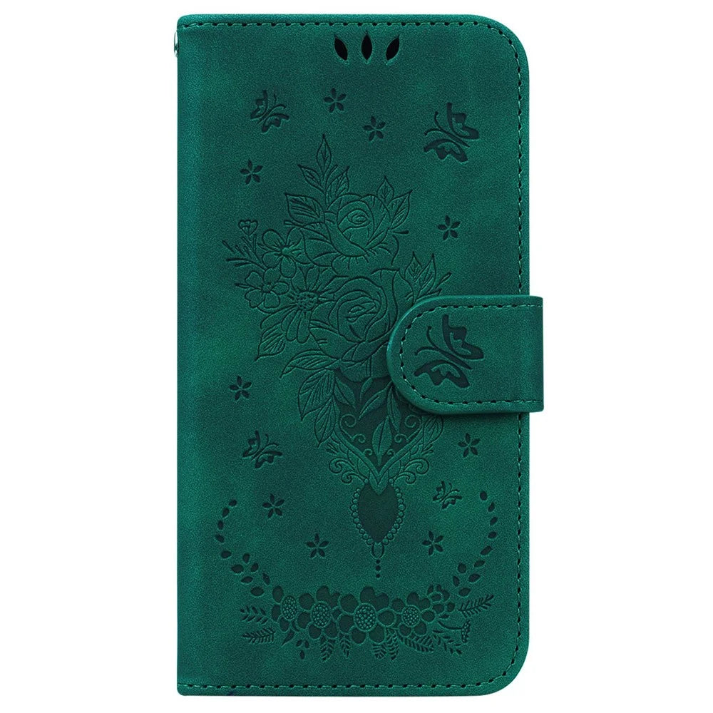For Samsung Galaxy A23 5G (Global Version) / 4G Anti-drop Phone Cover Imprinting Roses Butterflies Pattern Leather Case Impact-resistant Wallet Stand - Green - 7