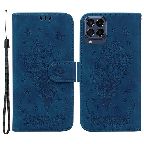For Samsung Galaxy M33 5G (Global Version) Anti-scratch Phone Cover Imprinting Roses Butterflies Pattern Shockproof Leather Phone Case Wallet Stand - Blue - 1