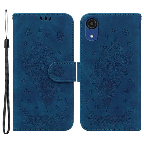 For Samsung Galaxy A03 Core Anti-Scratch Full Protection Cover Imprinting Roses Butterflies Pattern Shockproof Leather Case Wallet Stand with Strap - Blue - 1