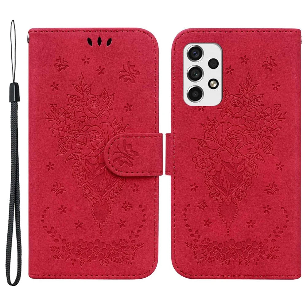 For Samsung Galaxy A53 5G Shockproof PU Leather Phone Case Stand Wallet Imprinting Roses Butterflies Pattern Folio Flip Magnetic Phone Cover - Red - 1