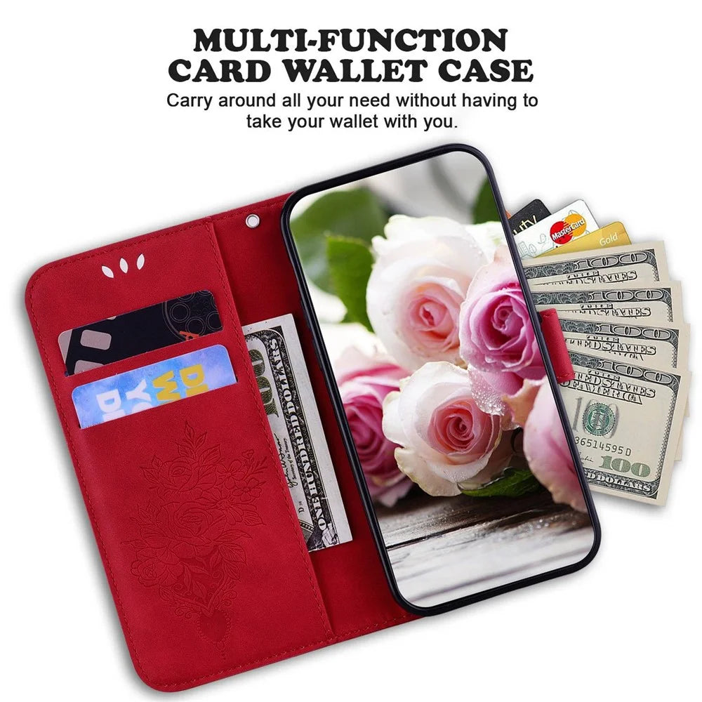 For Samsung Galaxy A53 5G Shockproof PU Leather Phone Case Stand Wallet Imprinting Roses Butterflies Pattern Folio Flip Magnetic Phone Cover - Red - 2