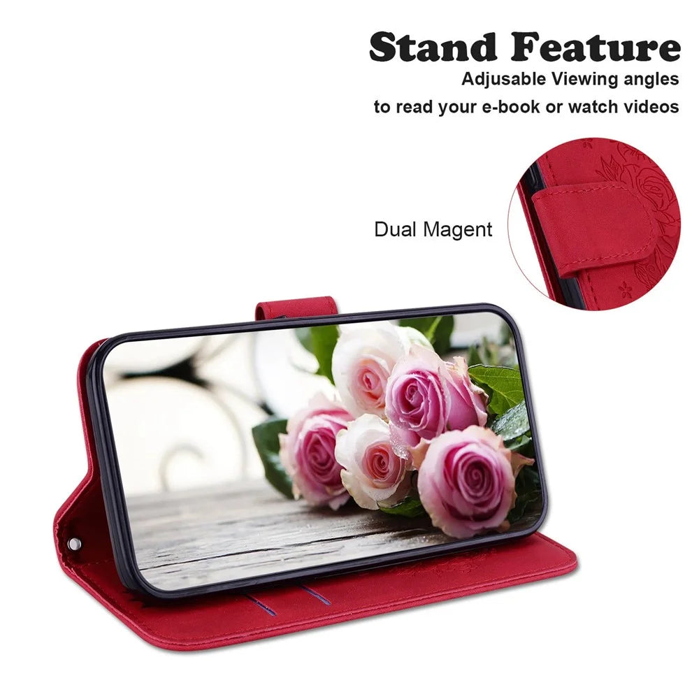 For Samsung Galaxy A53 5G Shockproof PU Leather Phone Case Stand Wallet Imprinting Roses Butterflies Pattern Folio Flip Magnetic Phone Cover - Red - 3