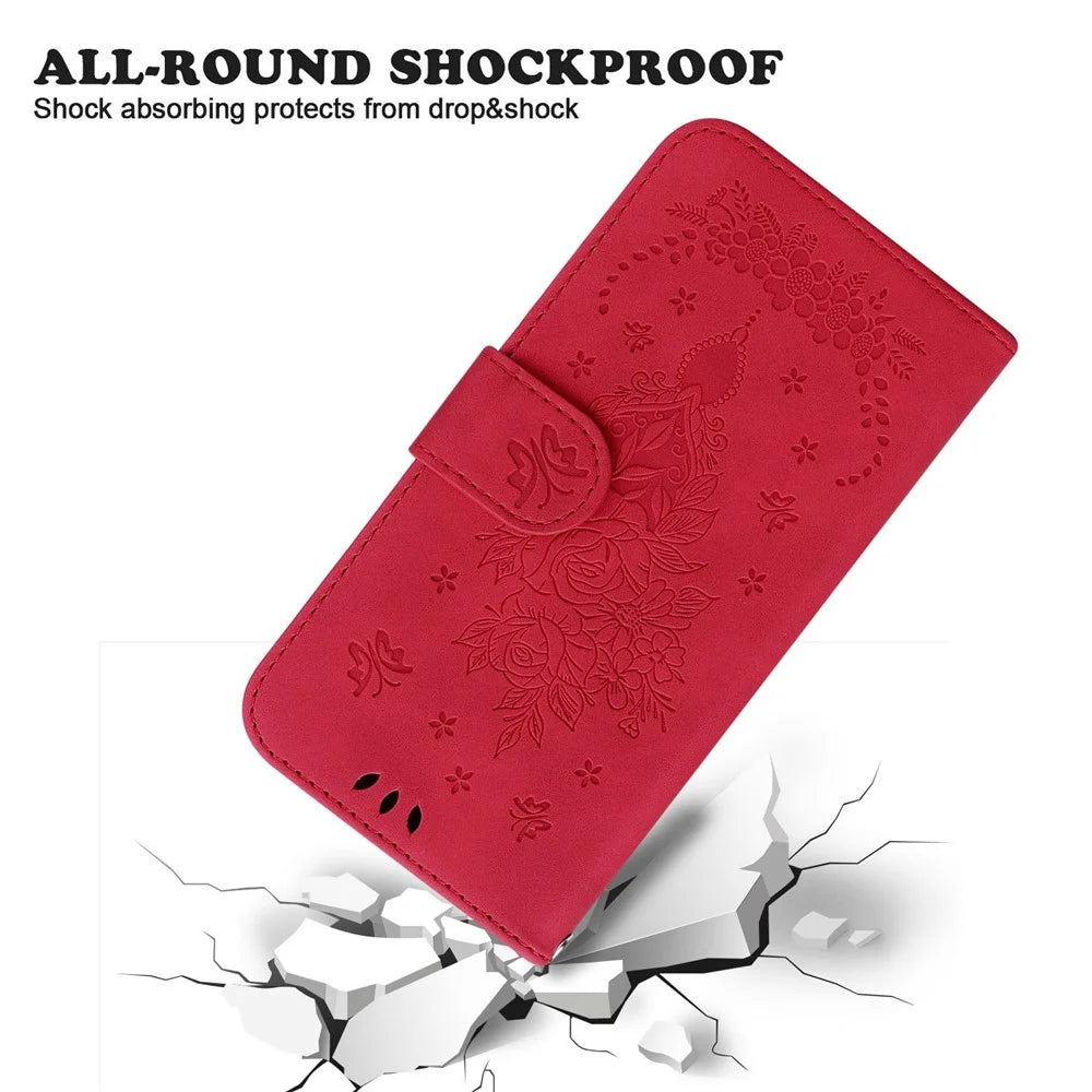 For Samsung Galaxy A53 5G Shockproof PU Leather Phone Case Stand Wallet Imprinting Roses Butterflies Pattern Folio Flip Magnetic Phone Cover - Red - 4