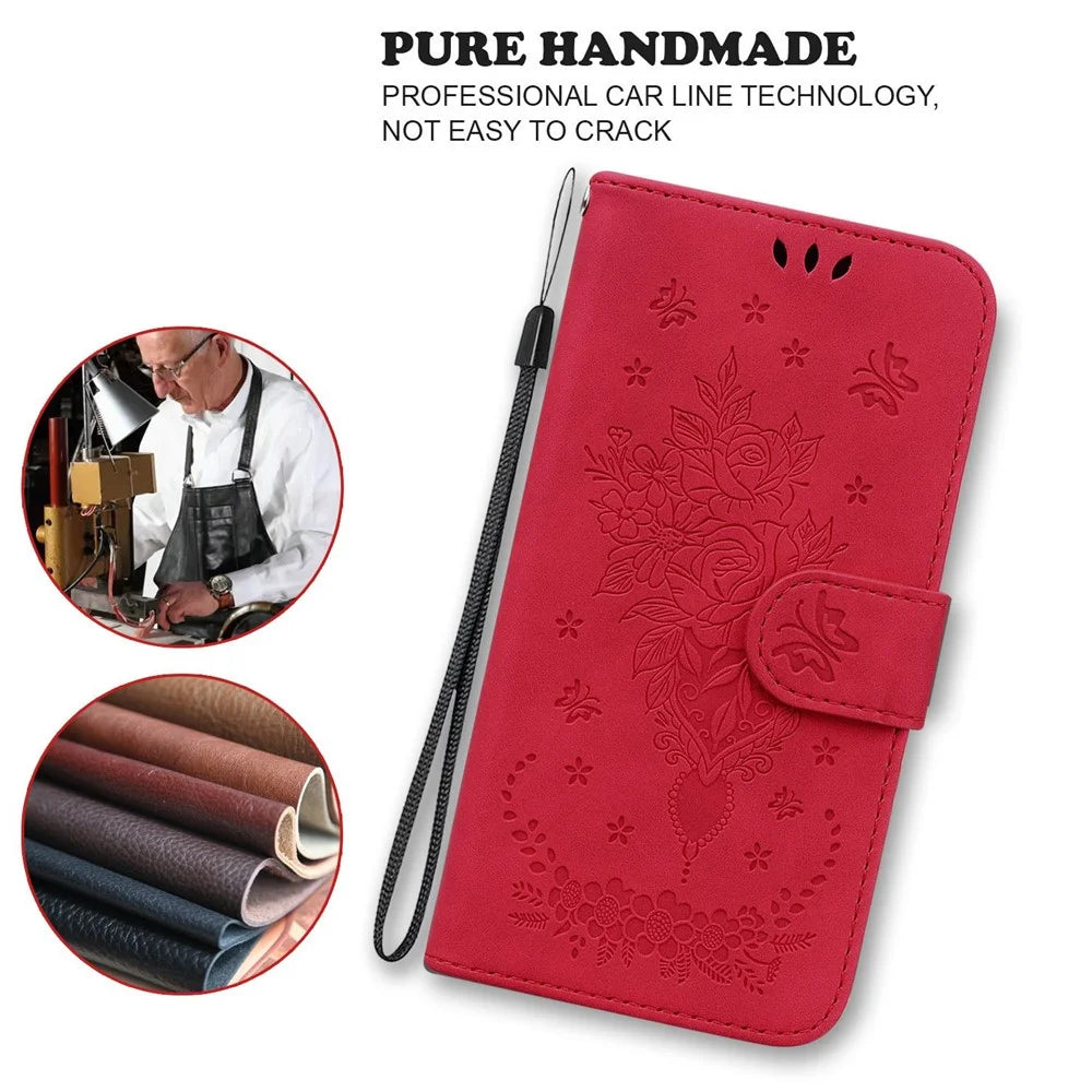 For Samsung Galaxy A53 5G Shockproof PU Leather Phone Case Stand Wallet Imprinting Roses Butterflies Pattern Folio Flip Magnetic Phone Cover - Red - 5