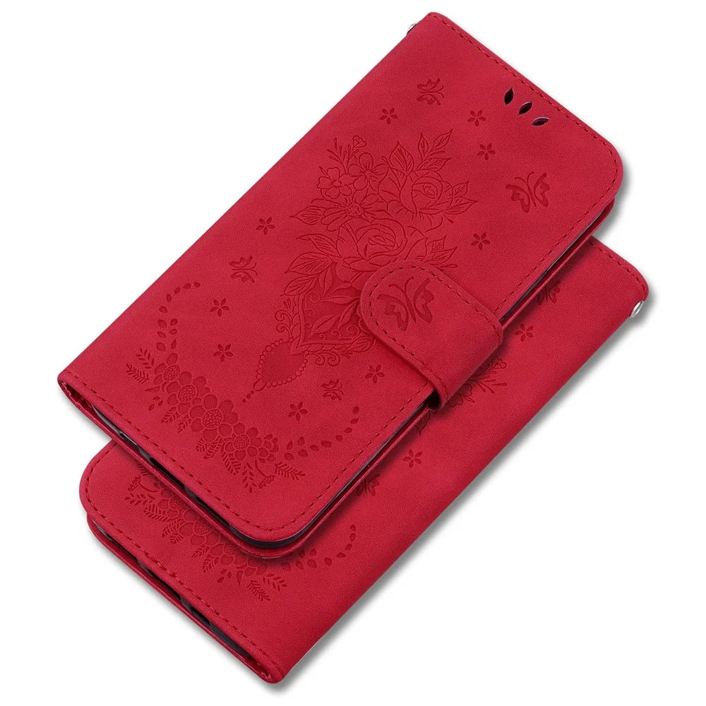 For Samsung Galaxy A53 5G Shockproof PU Leather Phone Case Stand Wallet Imprinting Roses Butterflies Pattern Folio Flip Magnetic Phone Cover - Red - 6