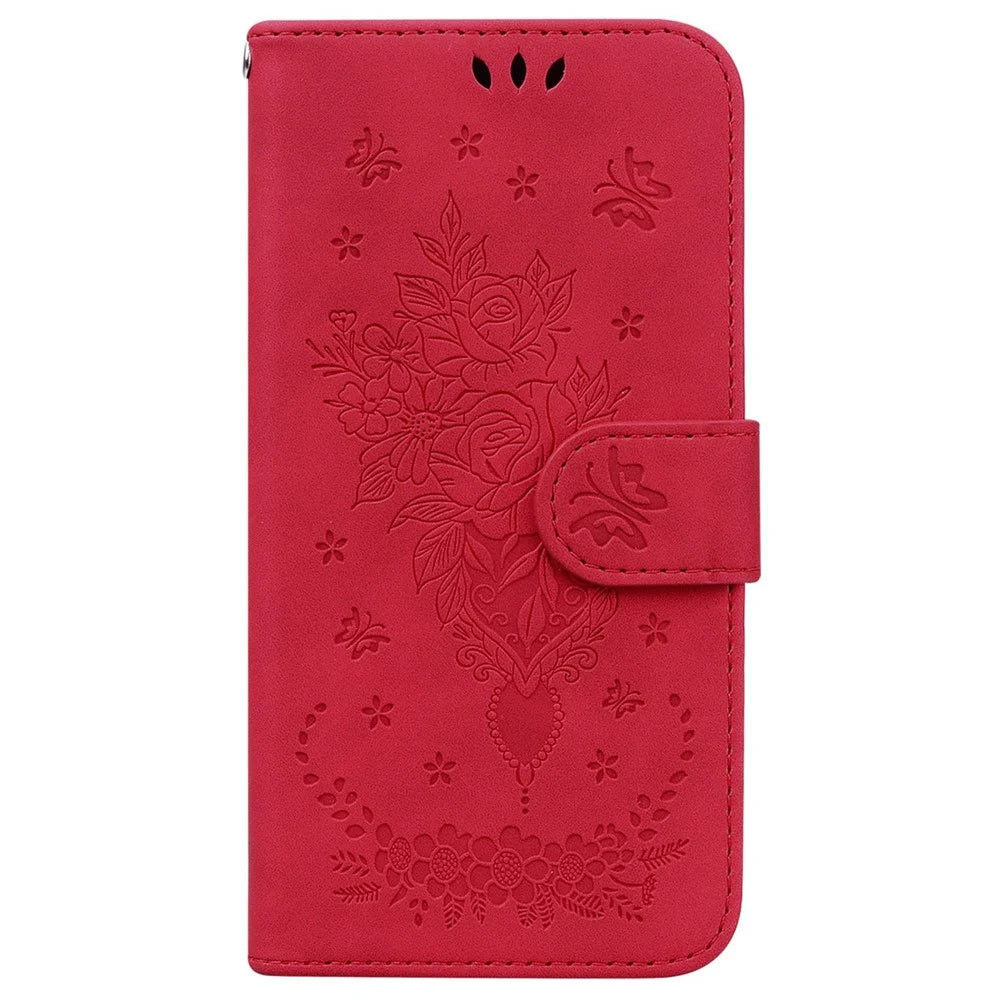 For Samsung Galaxy A53 5G Shockproof PU Leather Phone Case Stand Wallet Imprinting Roses Butterflies Pattern Folio Flip Magnetic Phone Cover - Red - 7