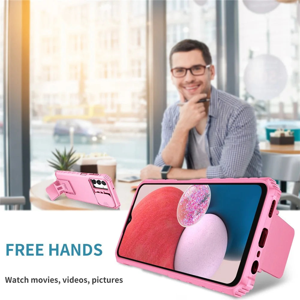 For Samsung Galaxy A13 5G Hands-Free Kickstand Phone Case Shockproof Anti-Scratch PC + TPU Shell with Sliding Camera Protection - Pink - 6