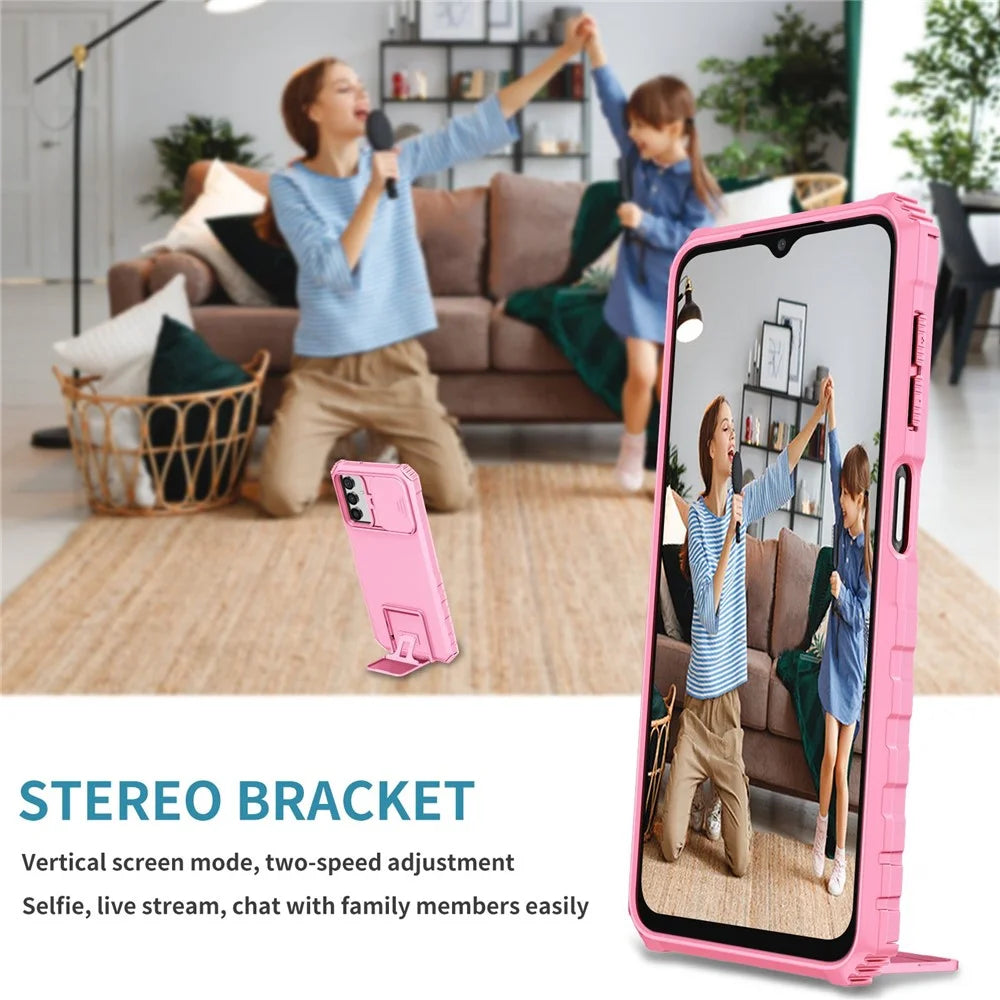 For Samsung Galaxy A13 5G Hands-Free Kickstand Phone Case Shockproof Anti-Scratch PC + TPU Shell with Sliding Camera Protection - Pink - 7