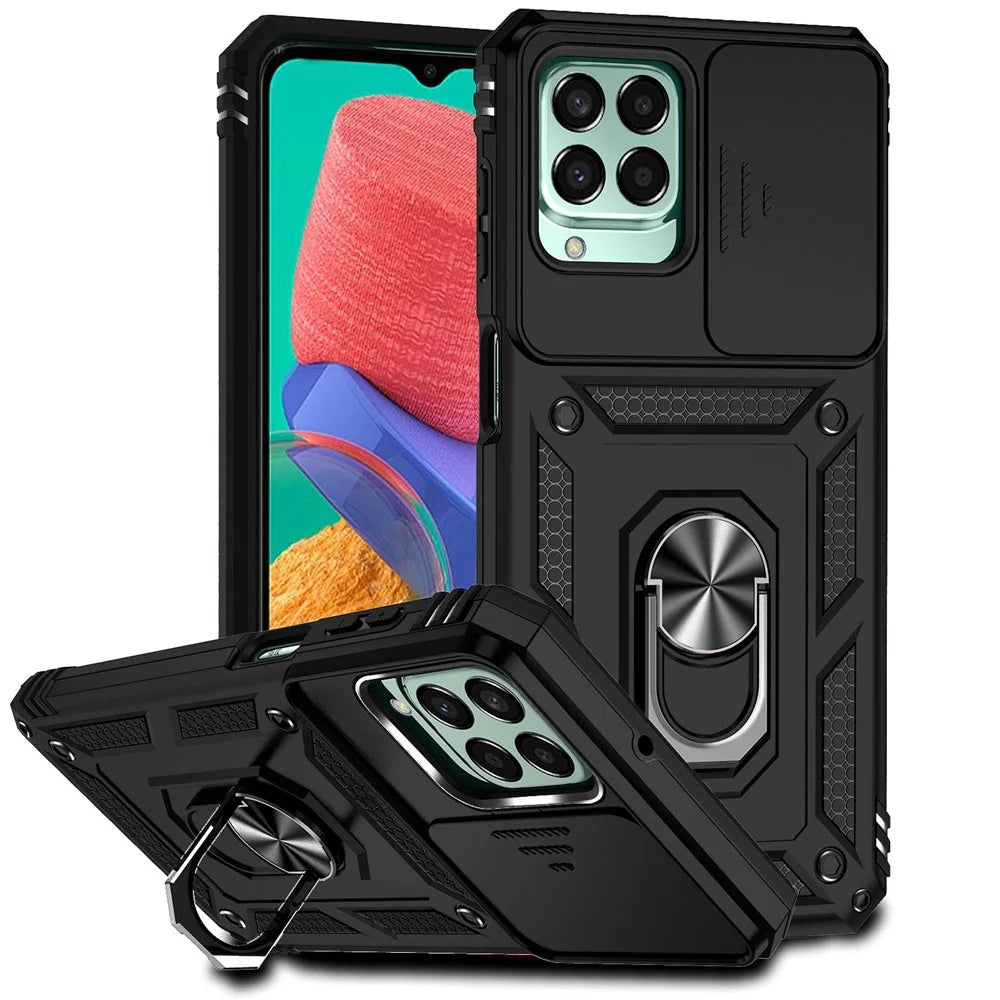 for Samsung Galaxy M33 5G (Global Version) Ring Kickstand Phone Case Anti-fall Protection Hard PC + TPU Shell with Slide Camera Protection Cover - Black - 1