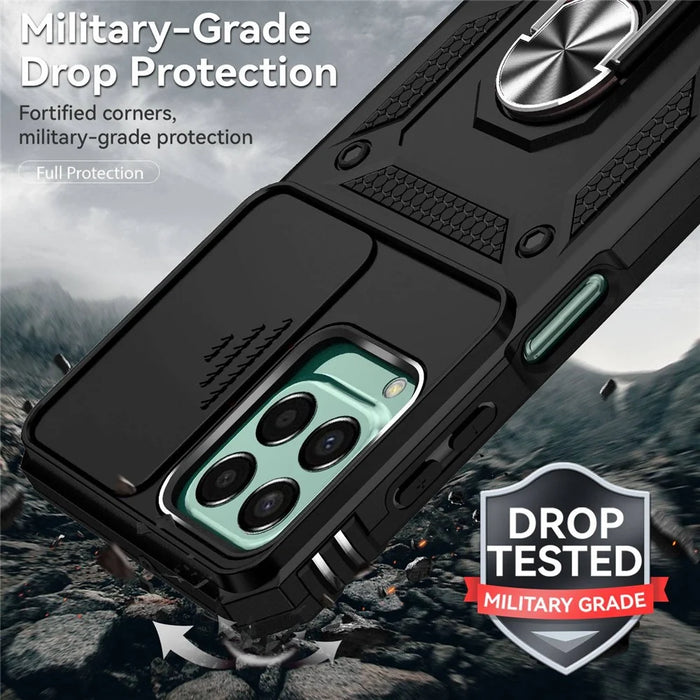 for Samsung Galaxy M33 5G (Global Version) Ring Kickstand Phone Case Anti-fall Protection Hard PC + TPU Shell with Slide Camera Protection Cover - Black - 5