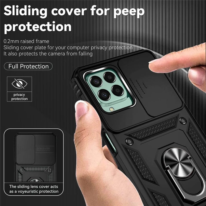 for Samsung Galaxy M33 5G (Global Version) Ring Kickstand Phone Case Anti-fall Protection Hard PC + TPU Shell with Slide Camera Protection Cover - Black - 7