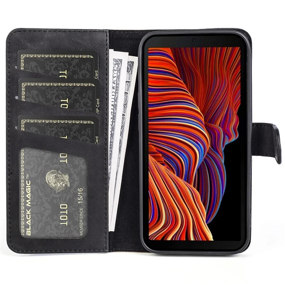 For Samsung Galaxy Xcover 5 PU Leather Full Body Shockproof Flip Case Magnetic Closure Stand Splicing Folio Wallet Cover - Black - 2