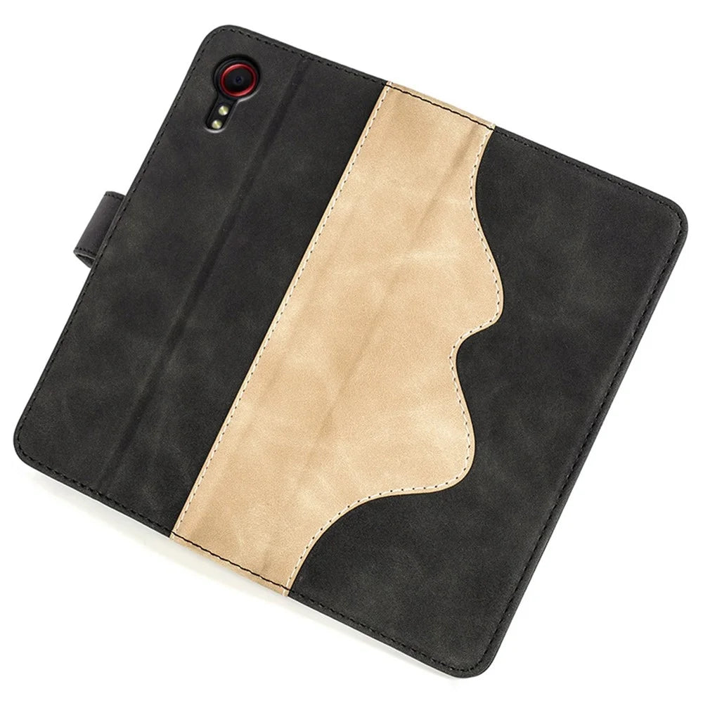 For Samsung Galaxy Xcover 5 PU Leather Full Body Shockproof Flip Case Magnetic Closure Stand Splicing Folio Wallet Cover - Black - 5