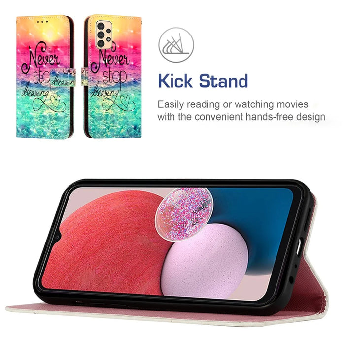 For Samsung Galaxy A13 4G Leather Case 3D Pattern Printing Wallet Stand Mobile Cover with Strap - Never Stop Dreaming - 5