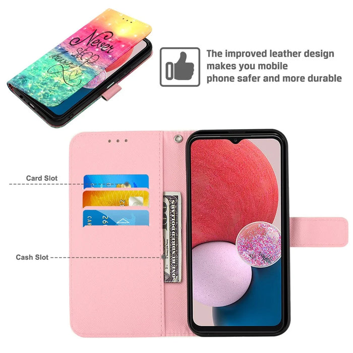 For Samsung Galaxy A13 4G Leather Case 3D Pattern Printing Wallet Stand Mobile Cover with Strap - Never Stop Dreaming - 6